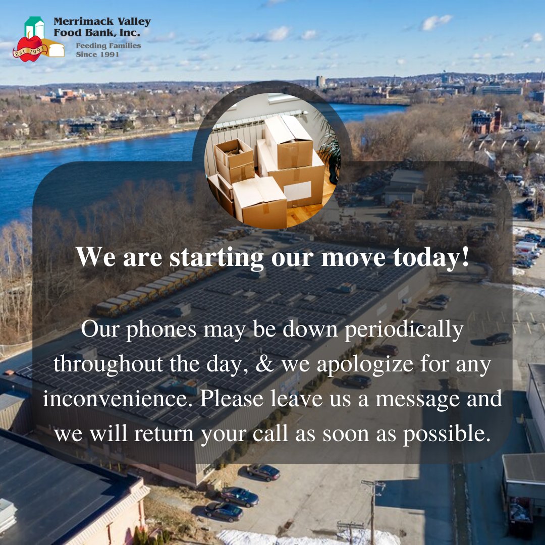 The MVFB is starting our move today! 

Due to our move, our phones may be down periodically throughout the day. Please leave us a message or send us a message through our social media, and we will get back to you as soon as possible. 

We hope everyone has a great weekend.
