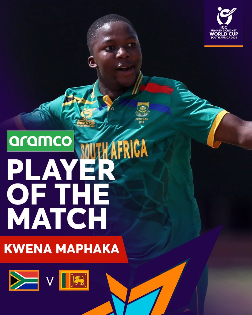 A flawless six-wicket haul helps Kwena Maphaka to his third @aramco #POTM of the #U19WorldCup 2024 🎉

#SAvSL