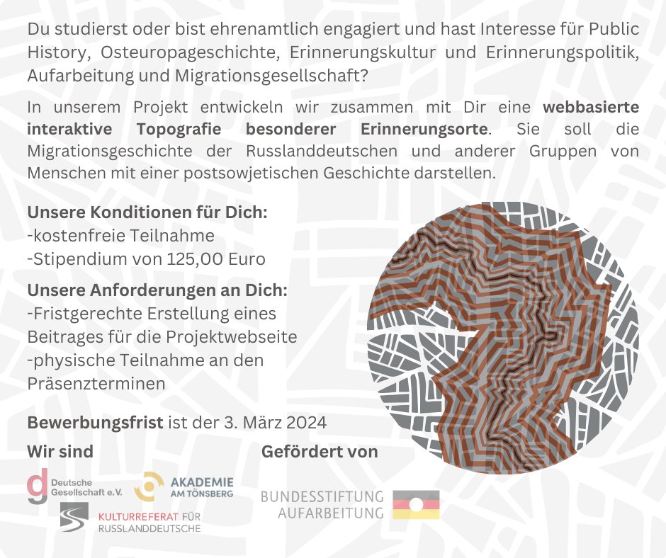 DtGesellschaft's tweet photo. 📍 Anmeldung für unser Werkstattprojekt „denК.Orte“ eröffnet! Gemeinsam mit Dir möchten wir die  Zusammenhänge zwischen sowjetischer Repression und Migration  erforschen, dokumentieren und erzählen. 📋 Mehr Infos, Programm &amp; Anmeldung: https://t.co/CfDoIghIhJ Mit @BAufarbeitung. https://t.co/4NvFhlnHkz