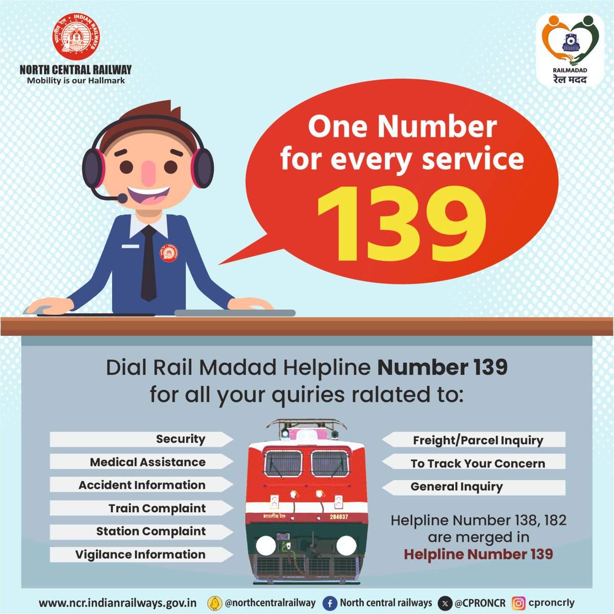 Use Rail Madad App and Integrated Single Helpline number 139 for security, assistance, information, complaint, inquiry or any other concern. #OneRailOneHelpline139
#OneRailOneHelpline139