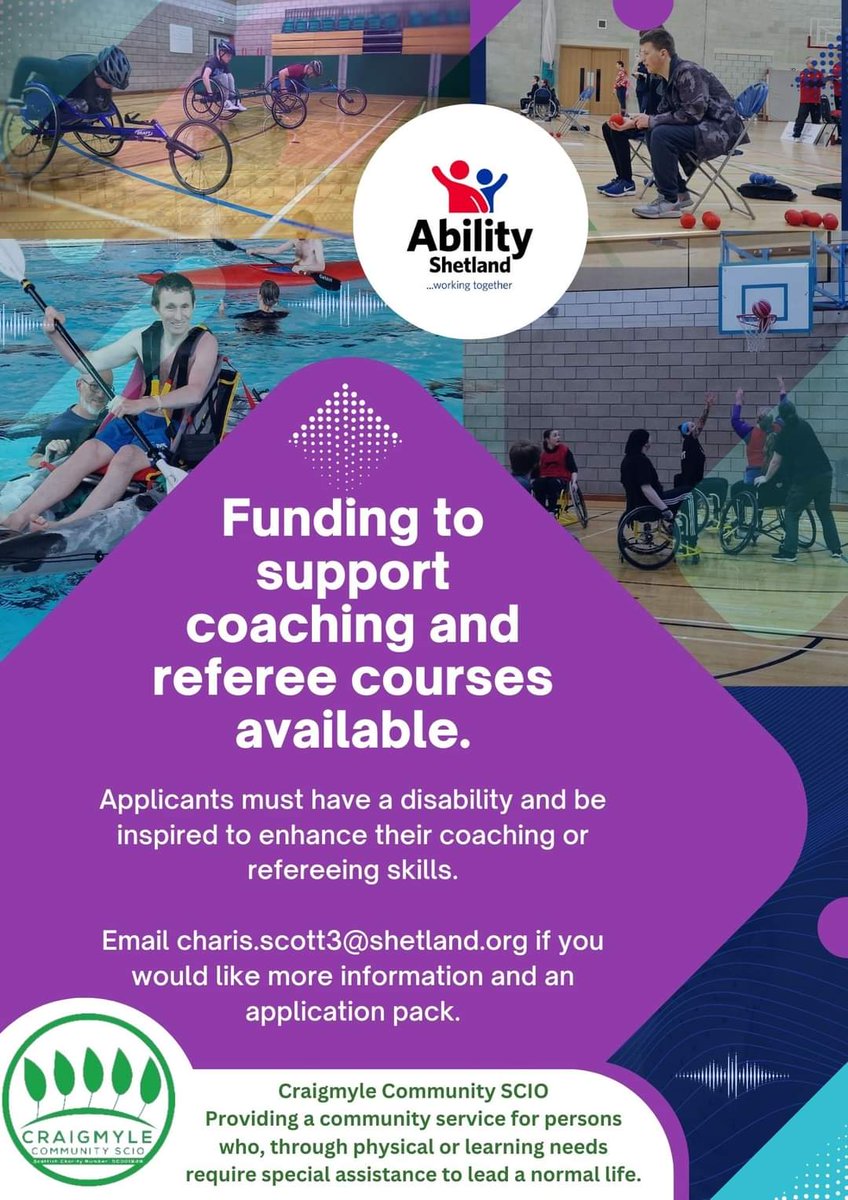 We are delighted to announce that thanks to funding from the Craigmyle Community SCIO, Ability Shetland are able to offer travel funding to support to aspiring coaches and referees to gain their coaching or referee qualification. Application deadline 1st of March.