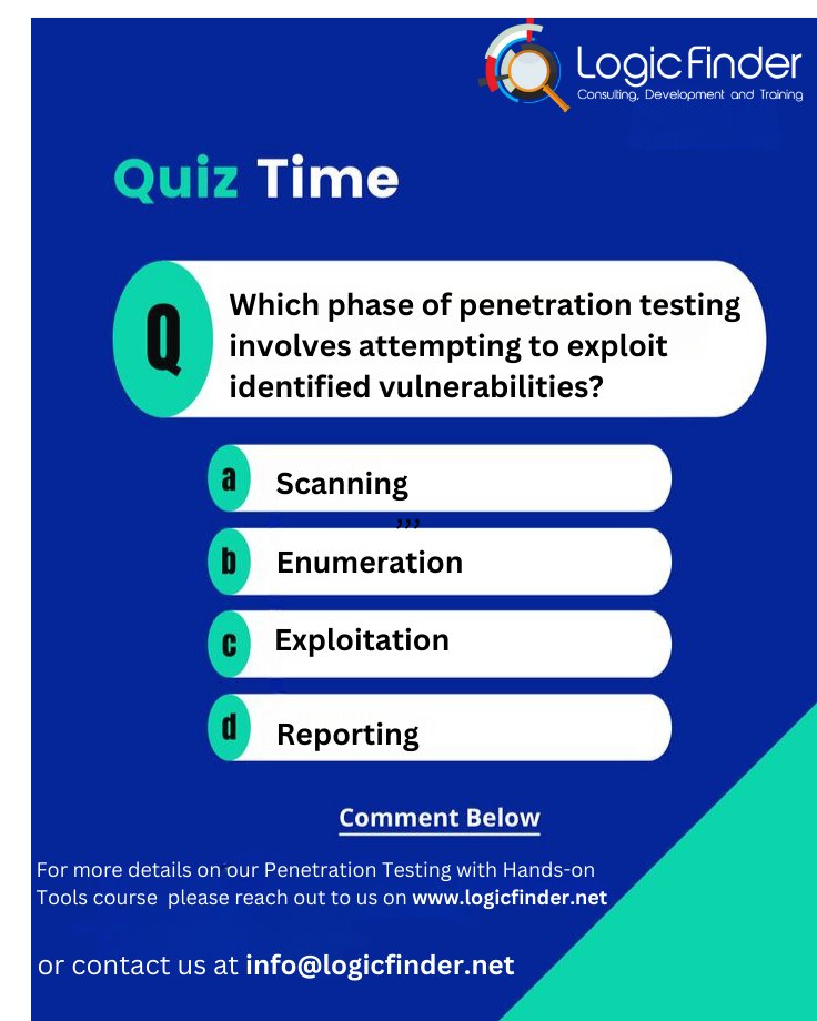 Tech wizards,it's quiz time! Which pen testing phase is the ultimate showdown against vulnerabilities? Answer below! ⚔️🔐Don't just scroll by,drop a comment and show your cyber chops! #CyberSavvy #PenTestChallenge #SecurityQuiz #TechGenius #EthicalHacking #InfoSec #SecurityCheck