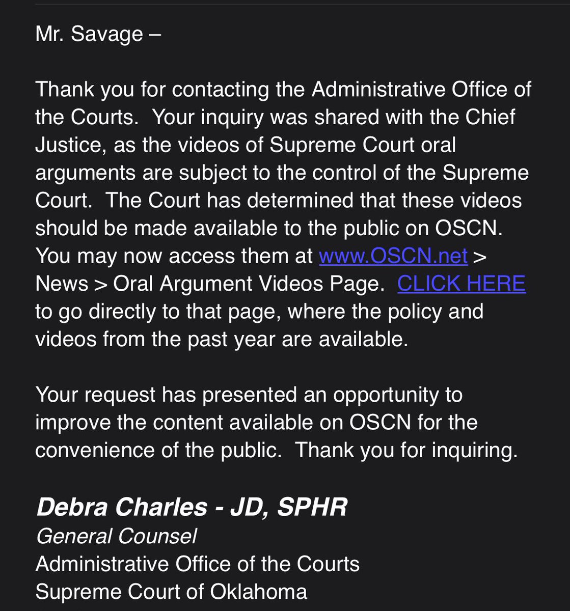 Some positive public records news to share: Videos of past oral arguments before the #Oklahoma Supreme Court can now be viewed here: oscn.net/static/pastora… I greatly appreciate the decision by Chief Justice Kane and the Court to improve access to important proceedings.