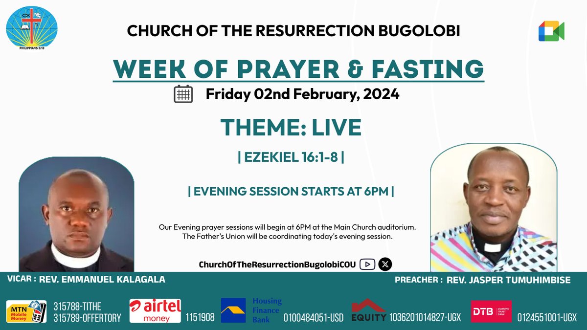 CBugolobi's tweet image. Greetings family,
Our Evening session of the #PrayerAndFastingWeek is hardly over 30mins. Make haste to @CBugolobi
 
Our theme is LIVE from #Ezekiel16v1_8. #RevJasperTumuhimbise is set

Let all your friends &amp;amp; family know &amp;amp; kindly join us physically 🙏

🖥️🔗youtu.be/yY-3MA2Y4wo