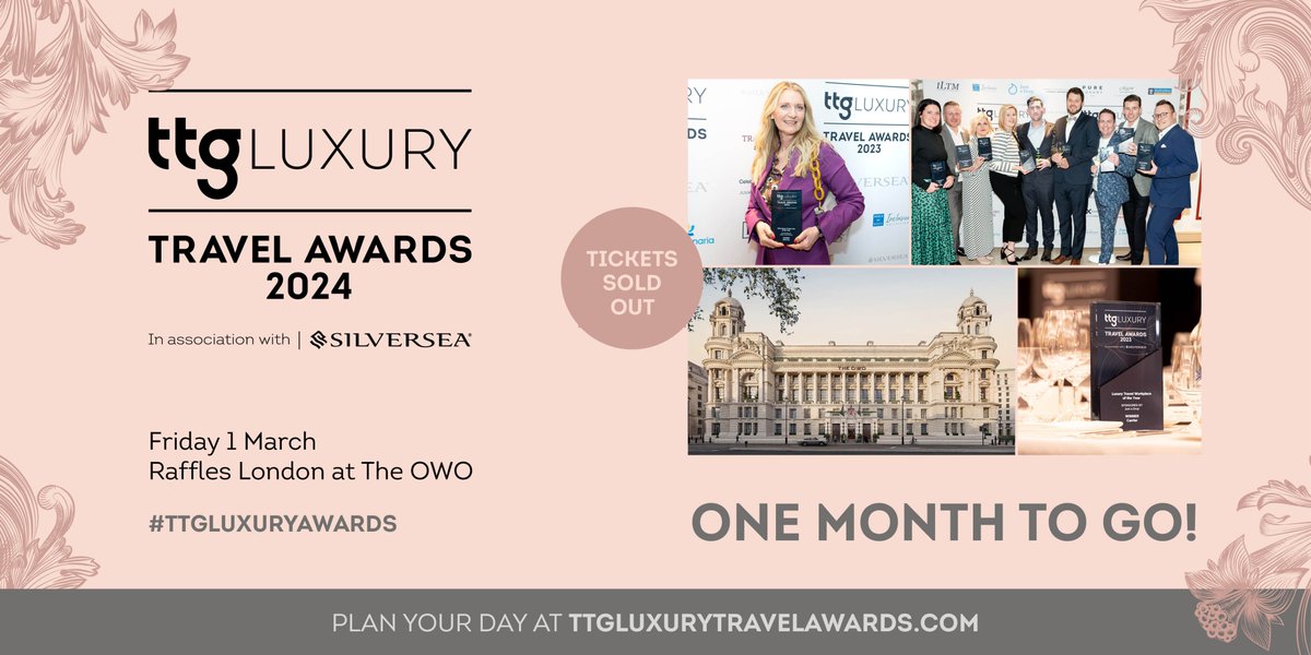 🗓️The countdown is officially ON for the TTG Luxury Travel Awards, in association with <a href="/Silversea/">Silversea</a>!

✨With four weeks to go, we've sold out earlier than expected, and can't wait to celebrate with 350+ of you on 1 March.  

Plan your day: bit.ly/3BP1fuD #TTGLuxuryAwards