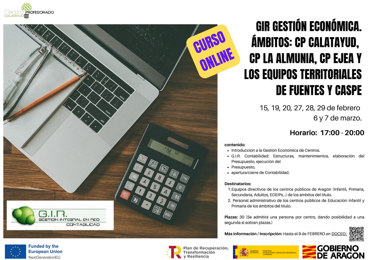 ‼️Curso ONLINE: GIR CONTABILIDAD: CP Calatayud,  CP La Almunia, CP Ejea y los equipos territoriales de Fuentes y Caspe. 

Solo para centros rurales de los ámbitos de los CP de Calatayud, la Almunia, Ejea y María de Ávila (Caspe y Fuentes).

+ info en la infografía 👇🏻