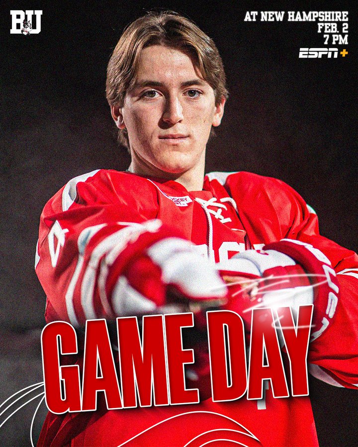 Game day graphic featuring posed photo of Ty Gallagher. BU at New Hampshire, Feb. 2, 7 PM on ESPN+