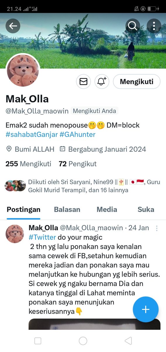 Para pendukung Ganjar Mahfud Tolong follow akun 

@Mak_Olla_maowin

Bbrp akunnya tumbang karena galak membela Ganjar Mahfud di TL. 

Follow ya pasti dipolbek.