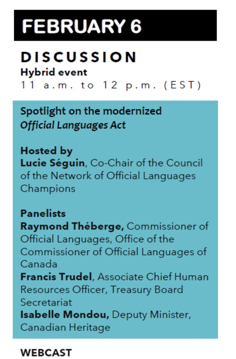 #GC employees
Don't miss the webcast discussion Spotlight on the Modernized Official Languages Act #OLLO hosted by Lucie Séguin <a href="/luseguin8/">Lucie Séguin</a> , Co-Chair of the Council of the Network of #OLCHAMPIONSLO.

Details #OLFORUMLO: tinyurl.com/OLFORUMLO2024