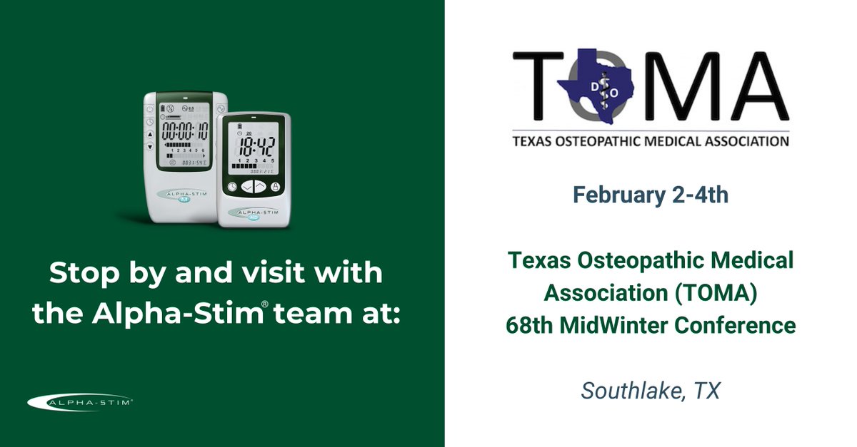 AlphaStim's tweet photo. Come visit with us today through the wweekend at the TOMA 68th MidWinter Conference. @TxOsteo #AlphaStim #Osteopathic https://t.co/9VYx1tNFuS