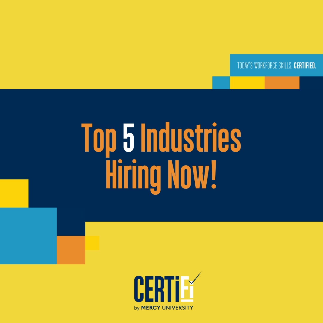 CertifibyMercy's tweet photo. 📣 Top 5 Industries Hiring Now in 2024! 📣

1️⃣ Technology
2️⃣ Healthcare
3️⃣ Green Energy
4️⃣ Cybersecurity
5️⃣ E-commerce 

Visit https://t.co/CFxzIIE0cA to learn more. 

#CERTIFi #mercyuniversity #onlinecourses #careers https://t.co/M3Sl30sxBF