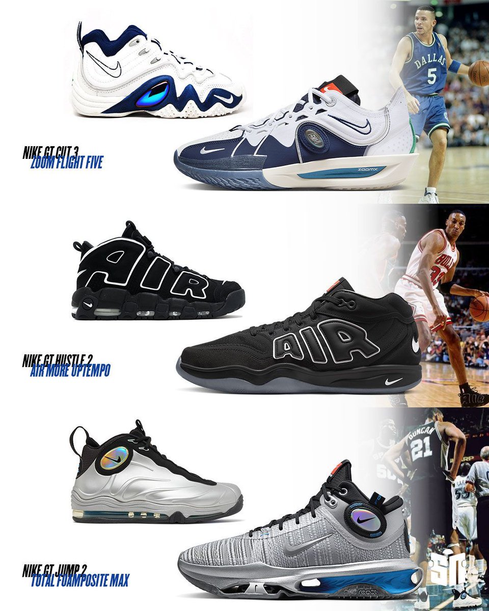 Nike Basketball GT series inspired by the 1990s

GT Cut 3 🤝 Zoom Flight Five
GT Hustle 2 🤝 Air More Uptempo
GT Jump 2 🤝 Total Foamposite Max