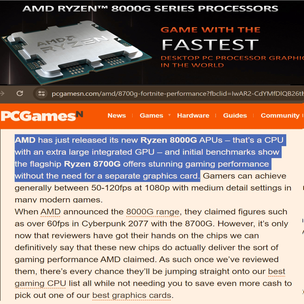 Bilgisayarinizda ekran karti olmadan, 
hazir ekran karti(Gpu) entegre edilmis,
Ryzen 8000G APU markali bilgisayar prosessoru(Cpu) ile orta kalitede oyun oynamak artik mumkunmus.