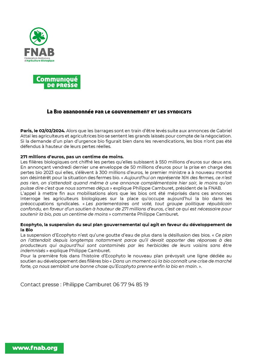 CP 📰 La Bio abandonnée par le gouvernement et les syndicats

Lire le CP 👉 bit.ly/3vT3pJx

<a href="/Agri_Gouv/">Ministère Agriculture et Souveraineté alimentaire</a> <a href="/GabrielAttal/">Gabriel Attal</a> <a href="/MFesneau/">Marc Fesneau</a>