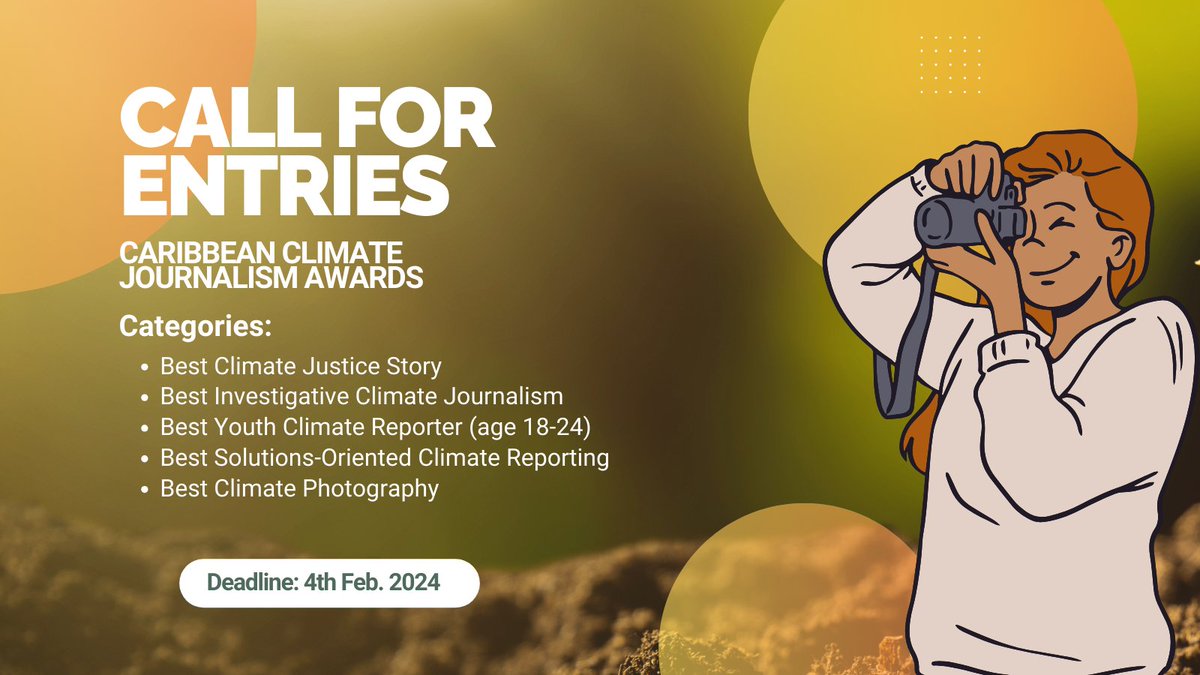ClimateTracking's tweet image. Caribbean journalists, writers, photographers, and storytellers, it's your time to shine! Apply for the Caribbean Climate Journalism Awards.

Details &amp;amp; criteria: ow.ly/tkfF50Qxch9 📰✨ 
#climatetrackercaribbean #climatejustice
