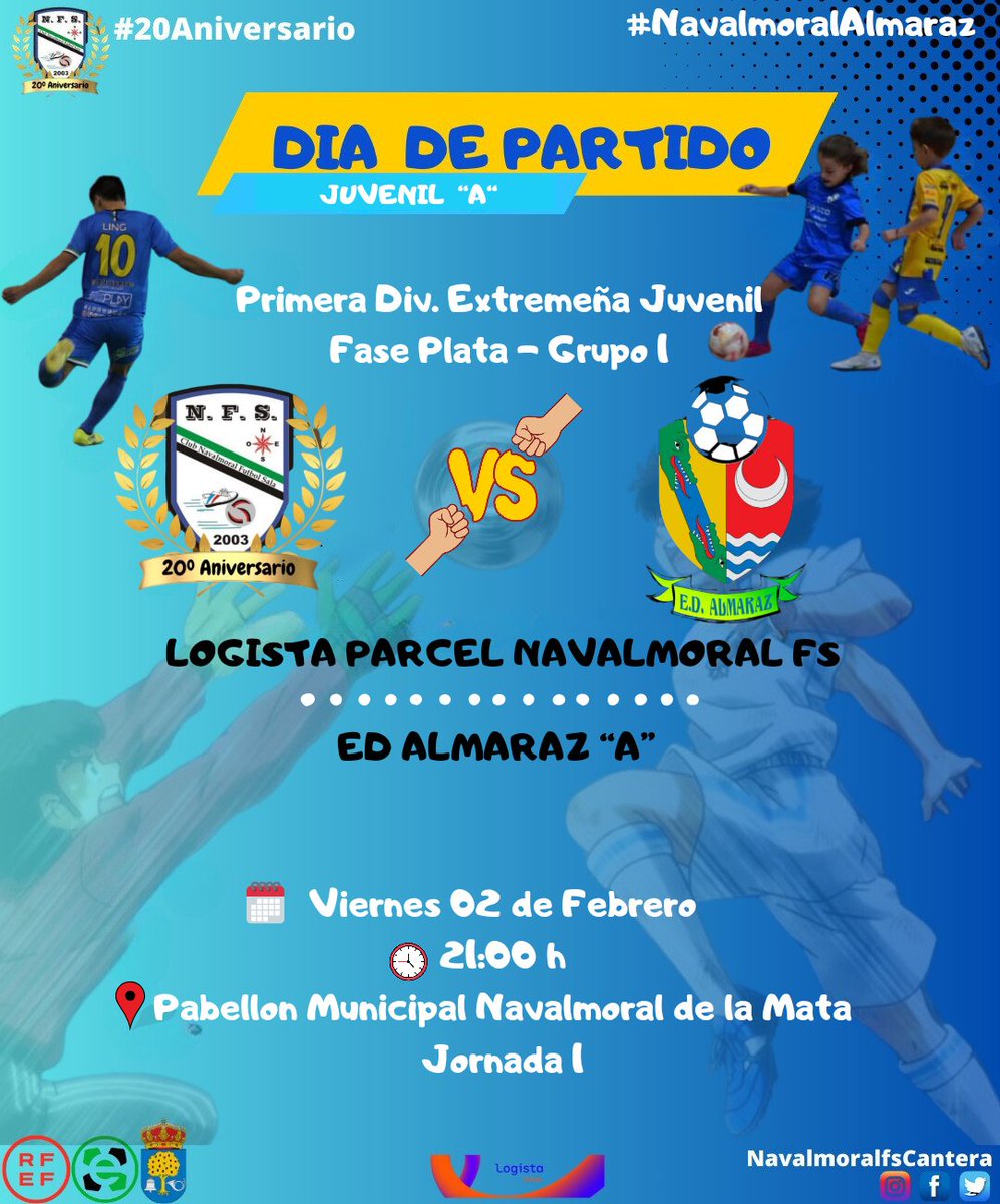 💙⚽ DÍA DE PARTIDO ⚽💙
               JUVENIL "A"
               FASE PLATA

🏆 1° Div. Extremeña Gr. 1
🗒️ Jornada  1
🕕 21:00 h
📍 Pabellón Municipal de Navalmoral.
🆚  <a href="/RocamadorAFS/">Rocamador AFS</a>

#20Aniversario
#NavalmoralAlmaraz