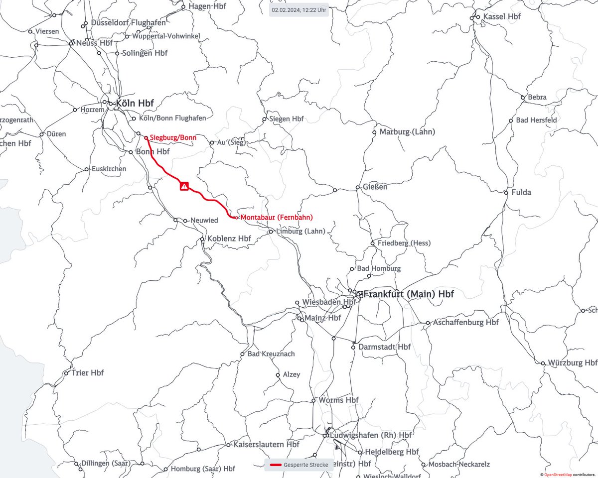 ⚠️Auf unserer Schnellfahrstrecke zwischen Köln und Frankfurt am Main kommt es voraussichtlich auch morgen, am 03. Februar, den gesamten Tag zu Beeinträchtigungen durch die entstandenen Vandalismusschäden. Aktuelle Infos erhaltet ihr jederzeit hier: bahn.de/aktuell