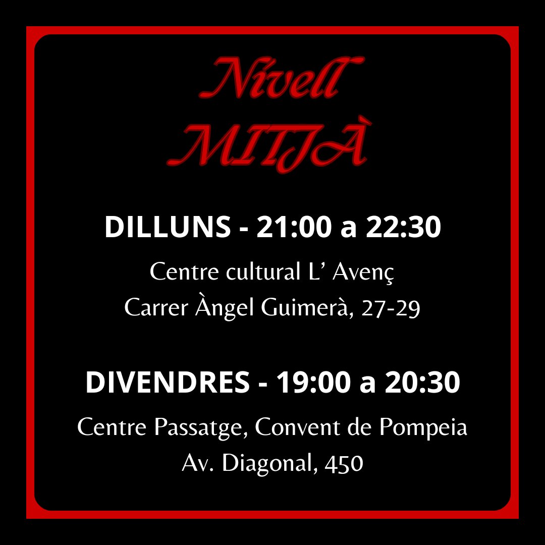 cordecors's tweet photo. Nivell mitjà

Dilluns de 21:00h a 22:30h:
Centre cultural L’ Avenç
Carrer Àngel Guimerà, 27-29

TRAM: Pont d’Esplugues

Divendres de 19:00h a 20:30h:
Centre Passatge, Convent de Pompeia
Av. Diagonal, 450 (cantonada Riera de Sant Miquel)

FFCC: Gràcia

Metro L3 Passeig de Gràcia https://t.co/koV7IY2BEs