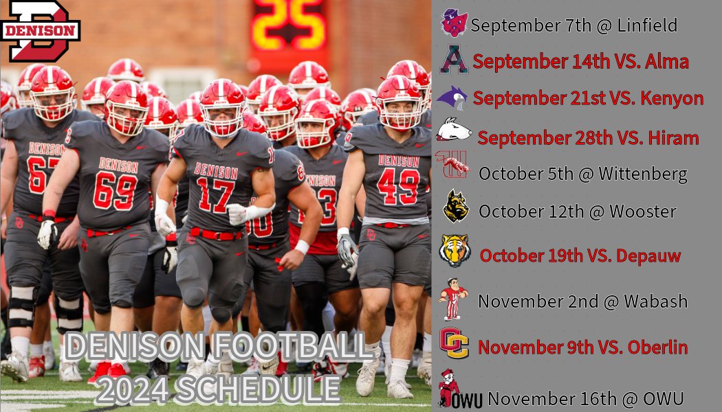 Save the dates! The 2024 Denison football schedule is now released! Big Red will open it's season on the road against the Linfield Wildcats on Sep. 7th in McMinnville, OR. #BigRed #RollDenny