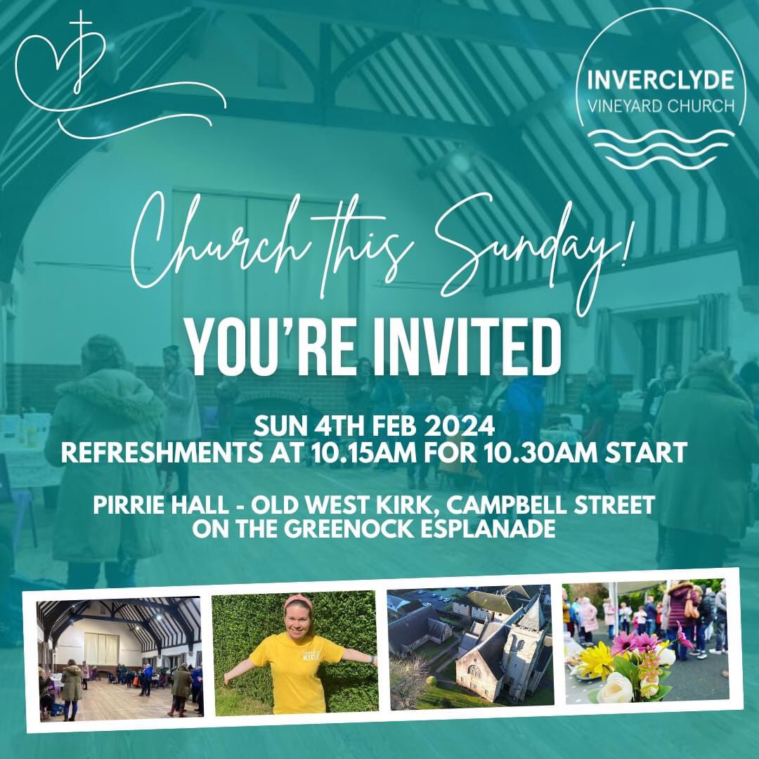 Join us on Sunday as we begin meeting for church at our new venue!

📅 Sun 4th Feb // 10.30am-12.00pm, with refreshments from 10.15am
📍 Location: Pirrie Hall, Old West Kirk, Greenock Esplanade (opposite the Esplanade Cafe)

inverclydevineyard.org.uk/sundays