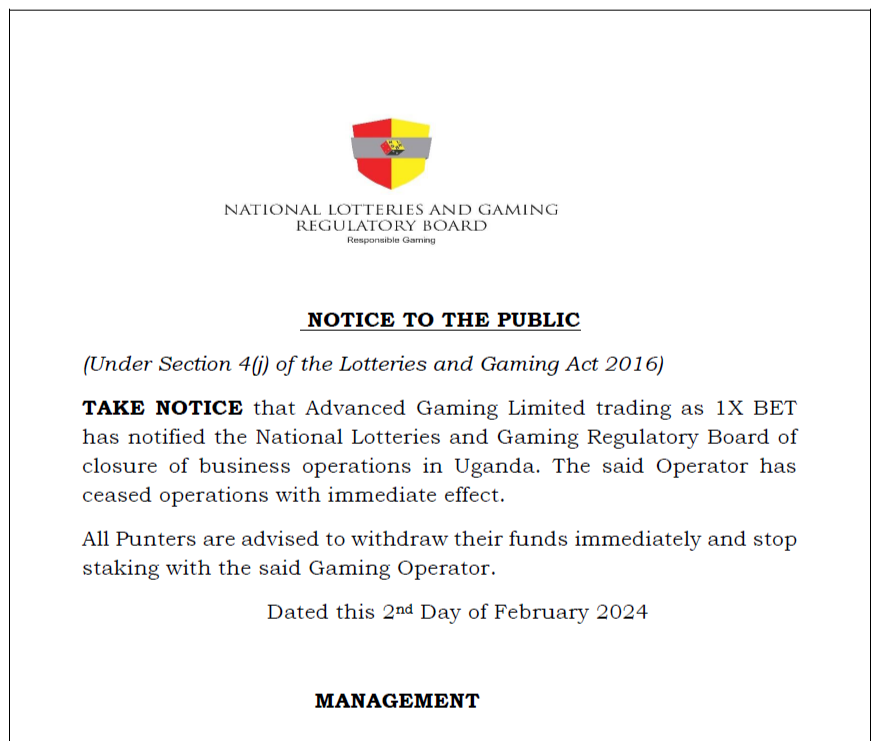 🚨 PUBLIC NOTICE! 
 Advanced Gaming Limited trading as 1X BET has notified NLGRB of closure of business operations in Uganda. This Operator has ceased operations with immediate effect.
<a href="/newvisionwire/">The New Vision</a> <a href="/DailyMonitor/">Daily Monitor</a> <a href="/bukeddetv/">Bukedde TV</a> <a href="/ChimpReports/">ChimpReports</a> <a href="/nbstv/">NBS Television</a> <a href="/NBSportUg/">NBS Sport</a> <a href="/ntvuganda/">NTV UGANDA</a>