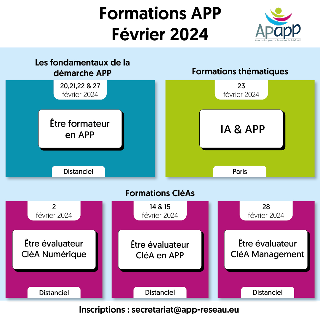 Tout au long de l'année, l'APapp propose des #formations à destination des formateurs et coordonnateurs du réseau APP.
Focus sur les formations du mois de février proposées par l'APapp.

Inscrivez-vous à ces formations par mail à secretariat@app-reseau.eu
#RéseauAPP