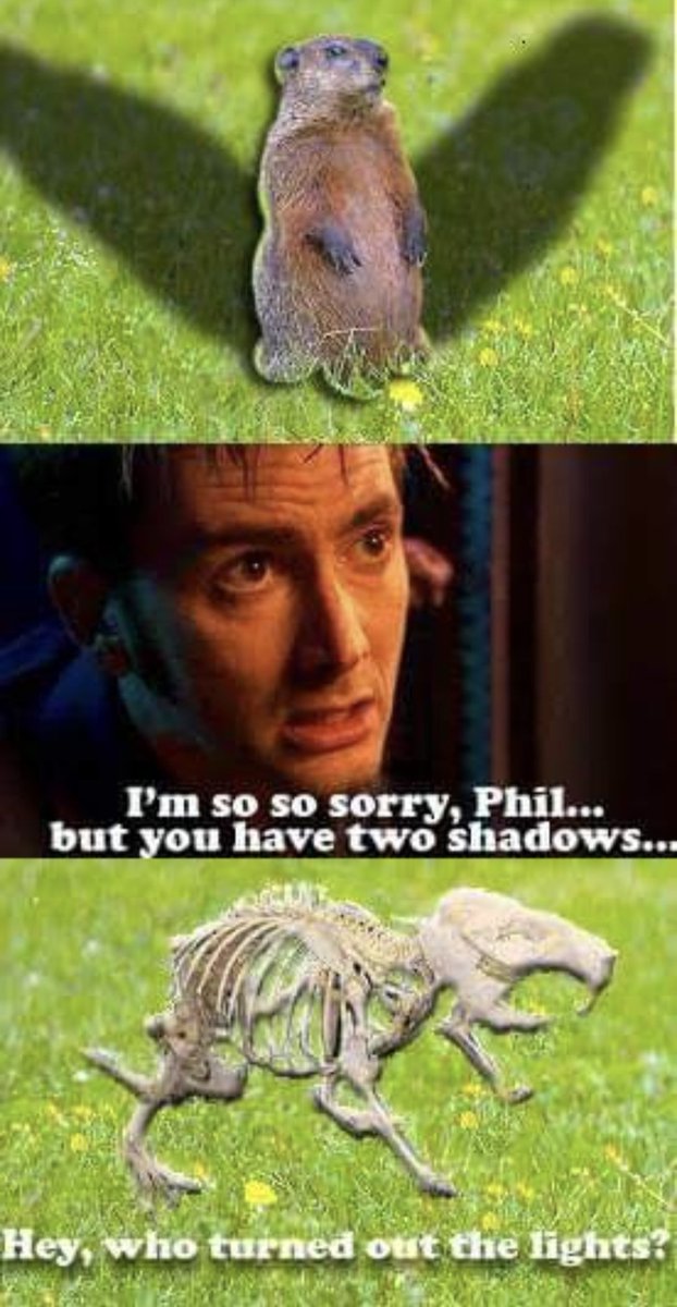 FunkErunky's tweet photo. No shadow: early Spring
1 shadow: 6 more weeks of Winter.
2 shadows: I'm so, so sorry....

#GroundhogDay2024 #DrWho https://t.co/UrJhU5LCSf