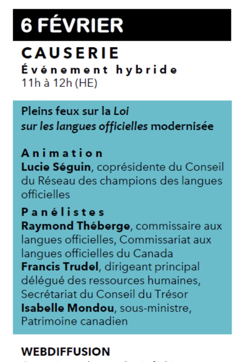 #Employés du #GC
Ne manquez pas la causerie  Plein feux sur la Loi sur les langues officielles modernisée animée par Lucie Séguin <a href="/luseguin8/">Lucie Séguin</a> , coprésidente du Conseil du Réseau des #OLchampionsLO
Info #OLForumLO #OLLO: tinyurl.com/OLFORUMLO