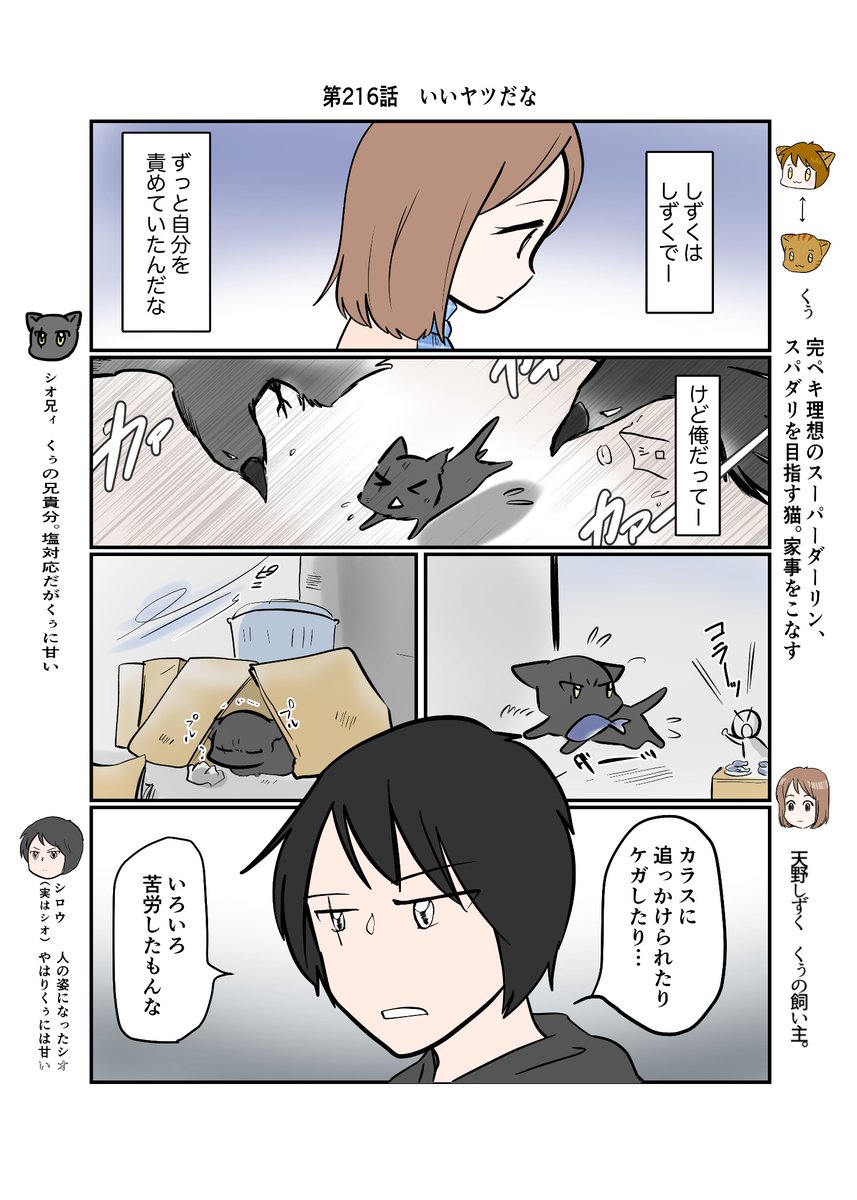 #スパダリにゃんこ
#くぅの日常 第216話
いいヤツだな

ハイスペックなスーパーダーリン、スパダリ猫を目指すくぅと、飼い主しずくの日常マンガ。
人間の姿でしずくの前に現れたシロウこと、シオ。過去の出来事を後悔するしずく。そんな彼女を見てシオは…。

#猫マンガ 