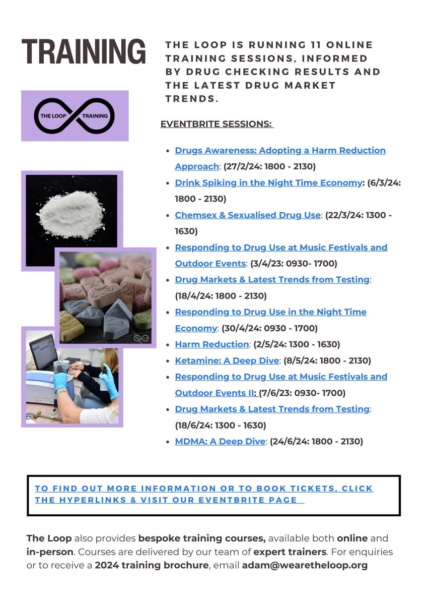 WeAreTheLoopUK's tweet photo. ♾️Training Update — The Loop Announces 11 Eventbrite, Online Sessions ♾
We are excited to announce 11 remote sessions, including content informed by Bristol testing & new courses on harm reduction, MDMA & ketamine and also our 2024 training brochure.
https://t.co/ugYWRqdNRC https://t.co/qa0vxzEH85