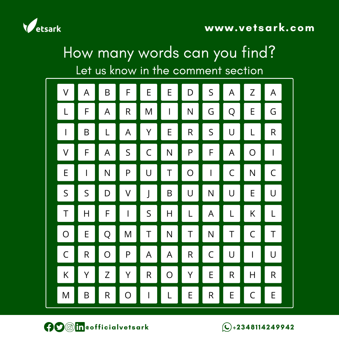officialvetsark's tweet photo. How many words can you find?

The first person to find up to 5 words gets a gift from us😁

Let us know in the comment section...
.
.
.
#Vetsark #fridaytrivia #weekend #agribusiness #puzzle #WeekendVibes https://t.co/HizKJOUZiW