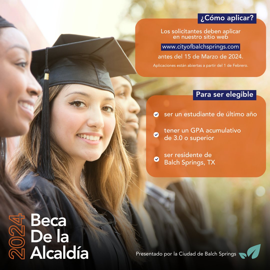 The 2024 Mayor's Scholarship Award application is now OPEN! The City of Balch Springs is committed to giving back to our community and supporting the students who will be the leaders of the future.

To apply, please visit &gt;&gt; cityofbalchsprings.com/.../2024-Mayors...

#BalchSpringsTx