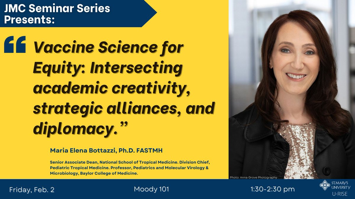 StMU_URISE's tweet photo. Today we welcome Dr. Bottazzi! Dr. Bottazzi is an internationally recognized tropical and emerging disease vaccinology and global health advocate. She will be presenting at the JMC Seminar in Moody 101 from 1:30 pm to 2:30 pm. Light refreshments will be available. #StMU https://t.co/XWmwHbmtHp