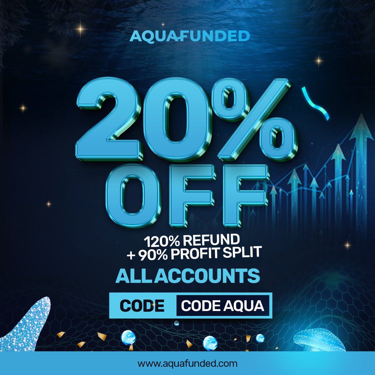 20% OFF All Accounts Promo 🎉 💙 120% Refund 💙 Bi-Weekly Payout 💙 90% Profit Split Make Waves with Trading 🌊 Get your Accounts Today aquafunded.com/?el=x