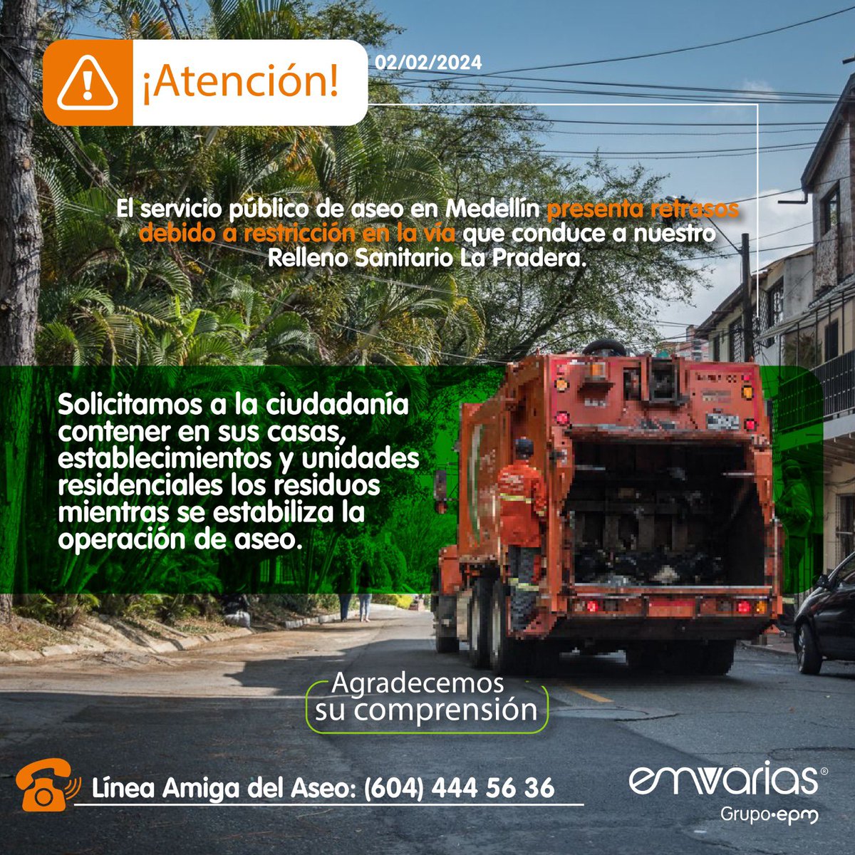 🚨Continúa la restricción en la vía que conduce a nuestro Relleno Sanitario La Pradera y la afectación al servicio de recolección de residuos en Medellín. Actualizamos información de interés público.