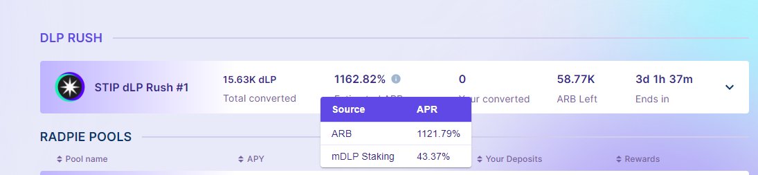 HakResearch's tweet photo. #Radpie dành ra 60M $ARB từ STIP để incentives cho dLP RUSH

Hiện mức APR để convert từ dLP -> mDLP đang khá hấp dẫn dành cho dLP holder🔥