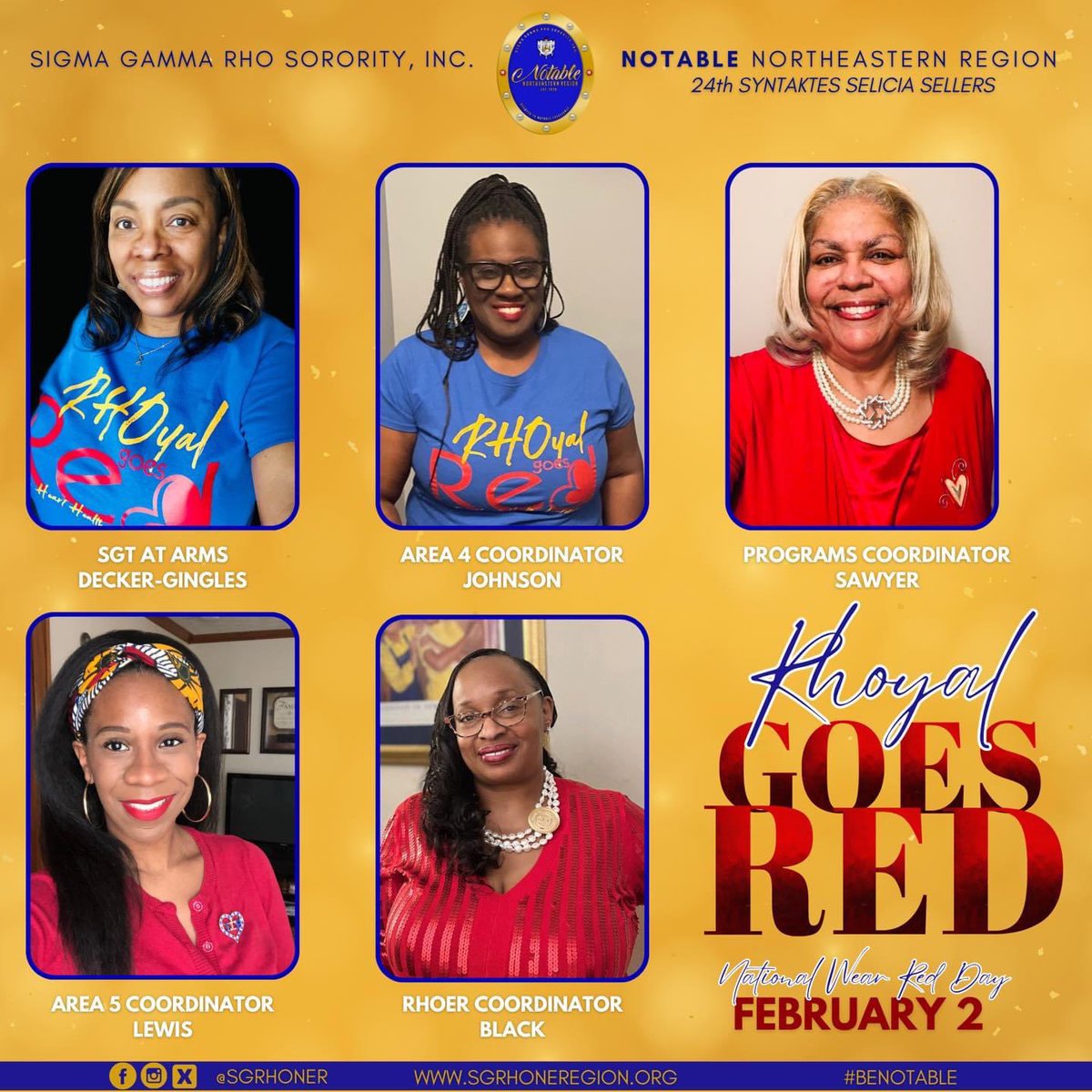 The Rhoyal Women of Sigma Gamma Rho Sorority, Inc. in the Northeastern Region are wearing red to focus on raising awareness to eradicate cardiovascular risks and diseases in women❤️💛💙

#SGRhoNER #BeNOTABLE #SigmaGammaRho #Greater #GreaterServiceGreaterProgress #womenswellness