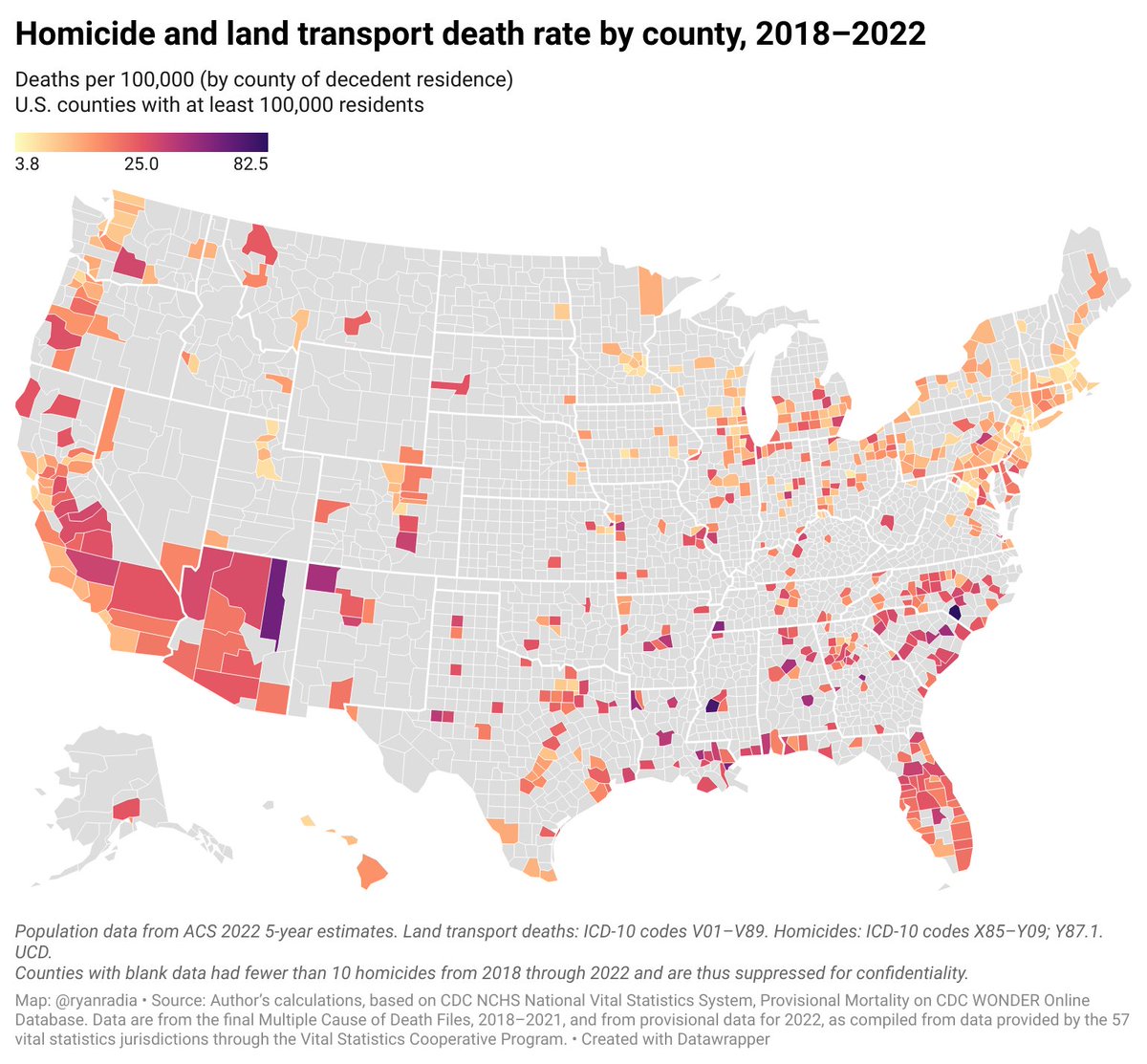 Arlington (VA), Loudoun, Middlesex (MA), Bergen, Manhattan, and Fairfax are among the safest counties in the United States, by one measure. datawrapper.de/_/grGjQ/ datawrapper.de/_/CN6cO/