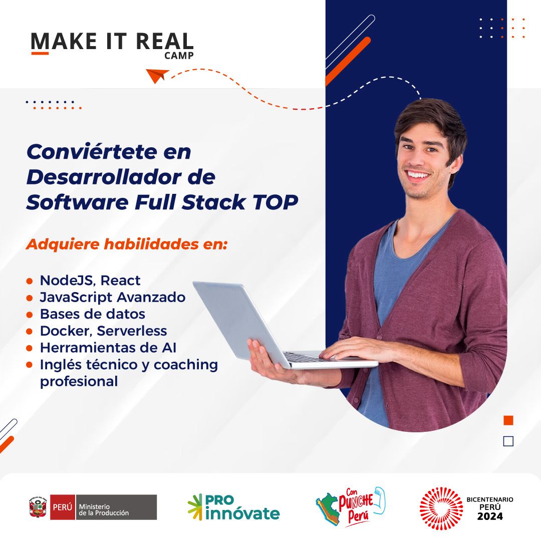 Postula a tu beca del 100%  para convertirte en #top #FullStackDeveloper gracias al apoyo de @ProInnovatePeru 🇵🇪

Más información en: makeitreal.camp/programa-becas…

ó escríbenos a nuestro whatsapp +573197378826 para ayudarte a despejar tus dudas acerca de esta beca!