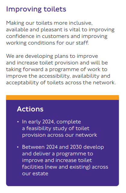 And WELCOME confirmation that @TfL will complete the toilet feasibility study in early 2024 and 'between 2024 and 2030 develop and deliver a programme to improve and increase toilet facilities (new and existing) across our estate'. 🫰 the Mayor's final budget will have 🚽£s?