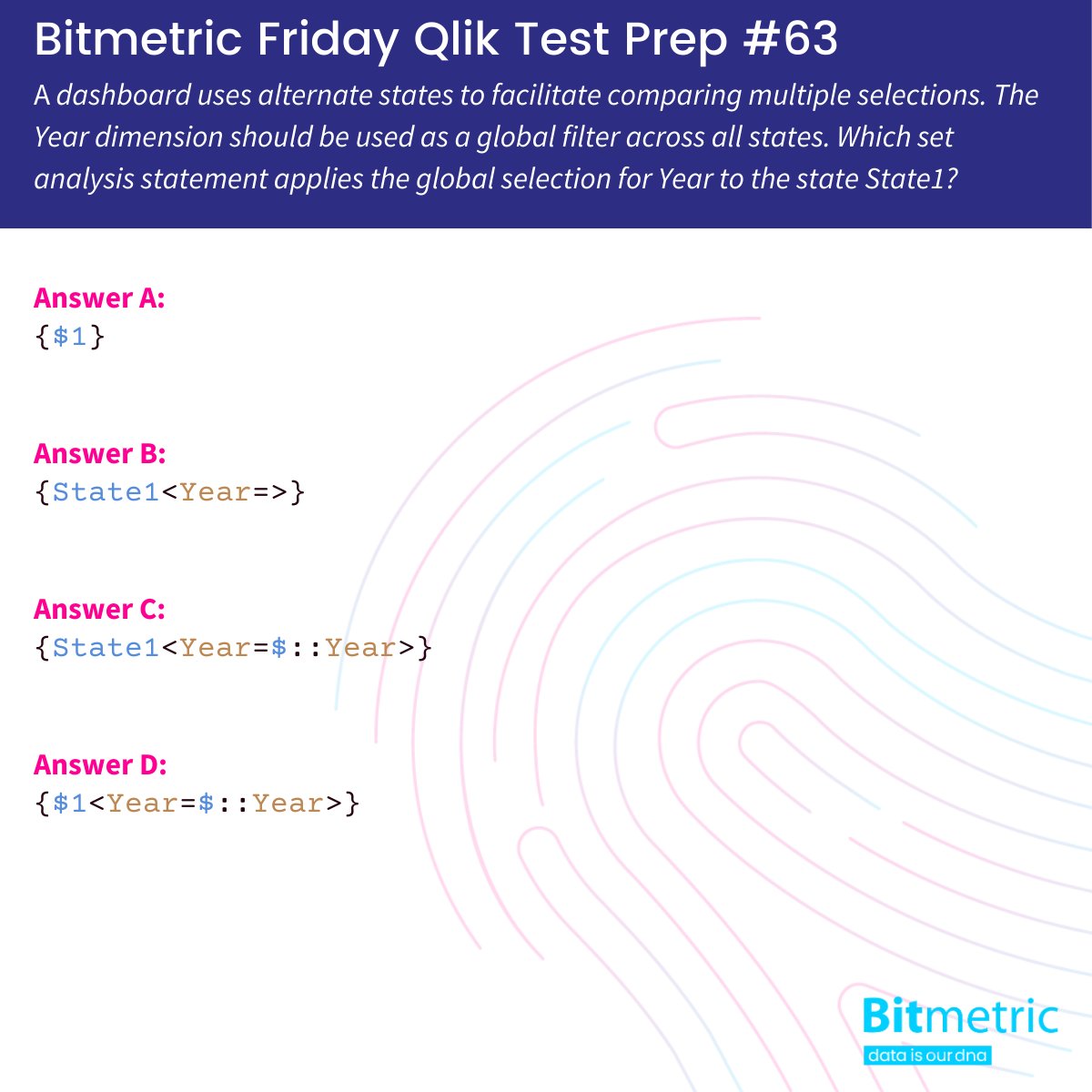 It's Friday again and we have a new round of Bitmetric BV 𝗙𝗿𝗶𝗱𝗮𝘆 𝗤𝗹𝗶𝗸 𝗧𝗲𝘀𝘁 𝗣𝗿𝗲𝗽 📝 for you. This time it's a question about Alternate States. Do you know the answer? linkedin.com/posts/bitmetri…

#qliksense #certification #prep #quiz