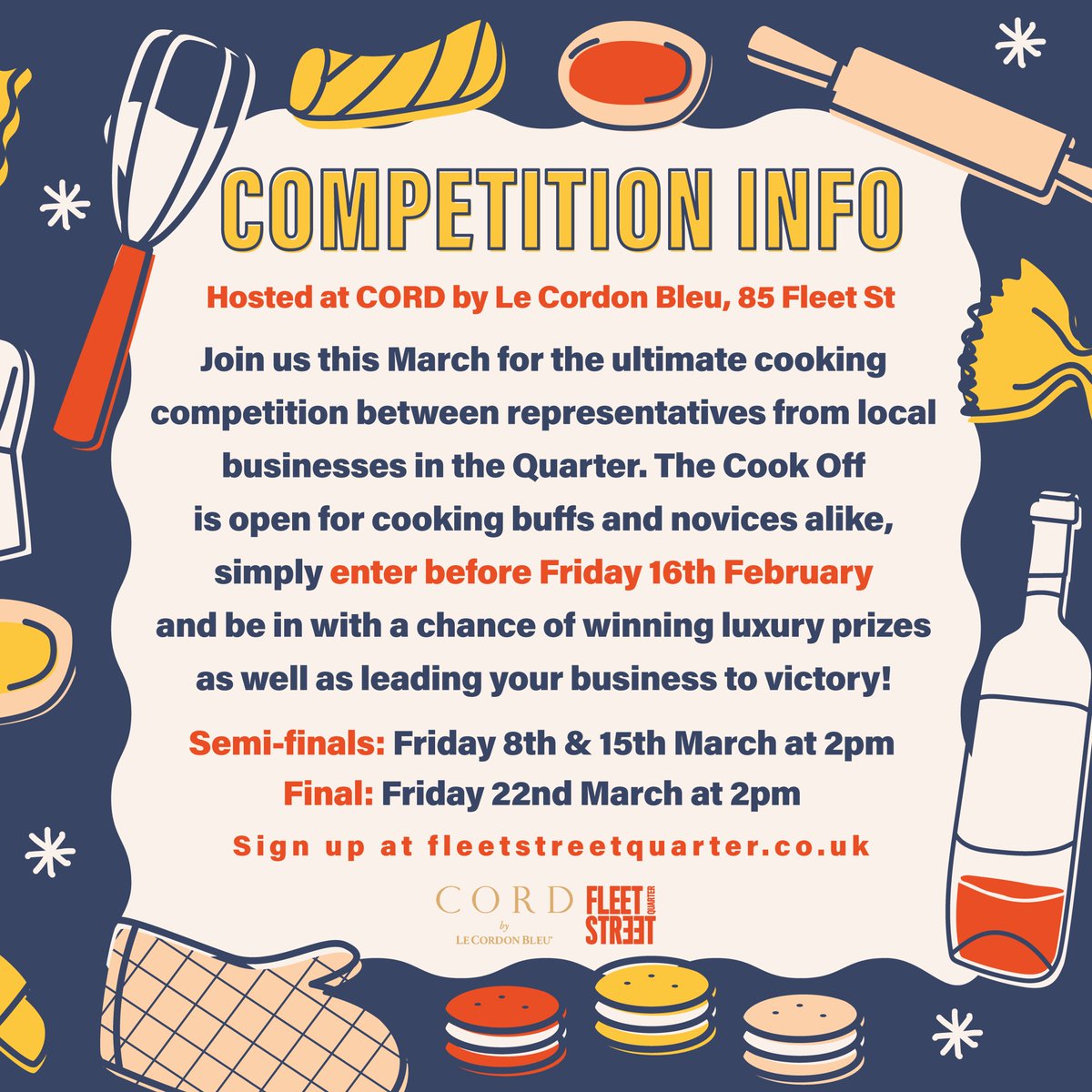 Fleet Street Quarter (@fleetstquarter) on Twitter photo Enter the Cook Off 2023 via the link and be in with a chance of winning prizes! 🏆🍽️👀
1. Share your name and FSQ business
2. Upload a pic of a dish you've proudly cooked
3. Let us know why you'd like to take part
fleetstreetquarter.co.uk/events/the-gre…
Good Luck!
<a href="/LeCordonBleuLDN/">LeCordonBleuLondon</a> Enter the Cook Off 2023 via the link and be in with a chance of winning prizes! 🏆🍽️👀
1. Share your name and FSQ business
2. Upload a pic of a dish you've proudly cooked
3. Let us know why you'd like to take part
fleetstreetquarter.co.uk/events/the-gre…
Good Luck!
<a href="/LeCordonBleuLDN/">LeCordonBleuLondon</a>