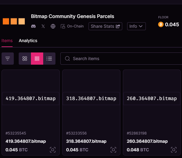 iBrushCats's tweet photo. #bitmapcommunity Genesis parcels close to 0.05 floor ๐ค https://t.co/SiuKIpA42e
