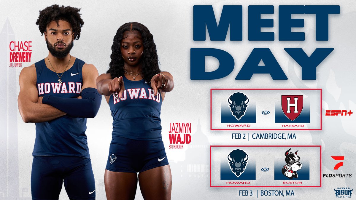 HUBisonSports's tweet photo. 🏃🏾‍♂️🏃🏾‍♀️ | Are you ready for more @HUBisonTFXC?! The Bison head to the Northeast to compete in Harvard's Crimson Elite &amp; Boston's Bruce Lehane Scarlet &amp; White Invite this weekend! 
Catch the herd on ESPN+ &amp; FloSports!
📈: https://t.co/bgdxYvOXYy
📈: https://t.co/myGfO0HCdU
#BleedBlue https://t.co/hfMIAvGXQ3