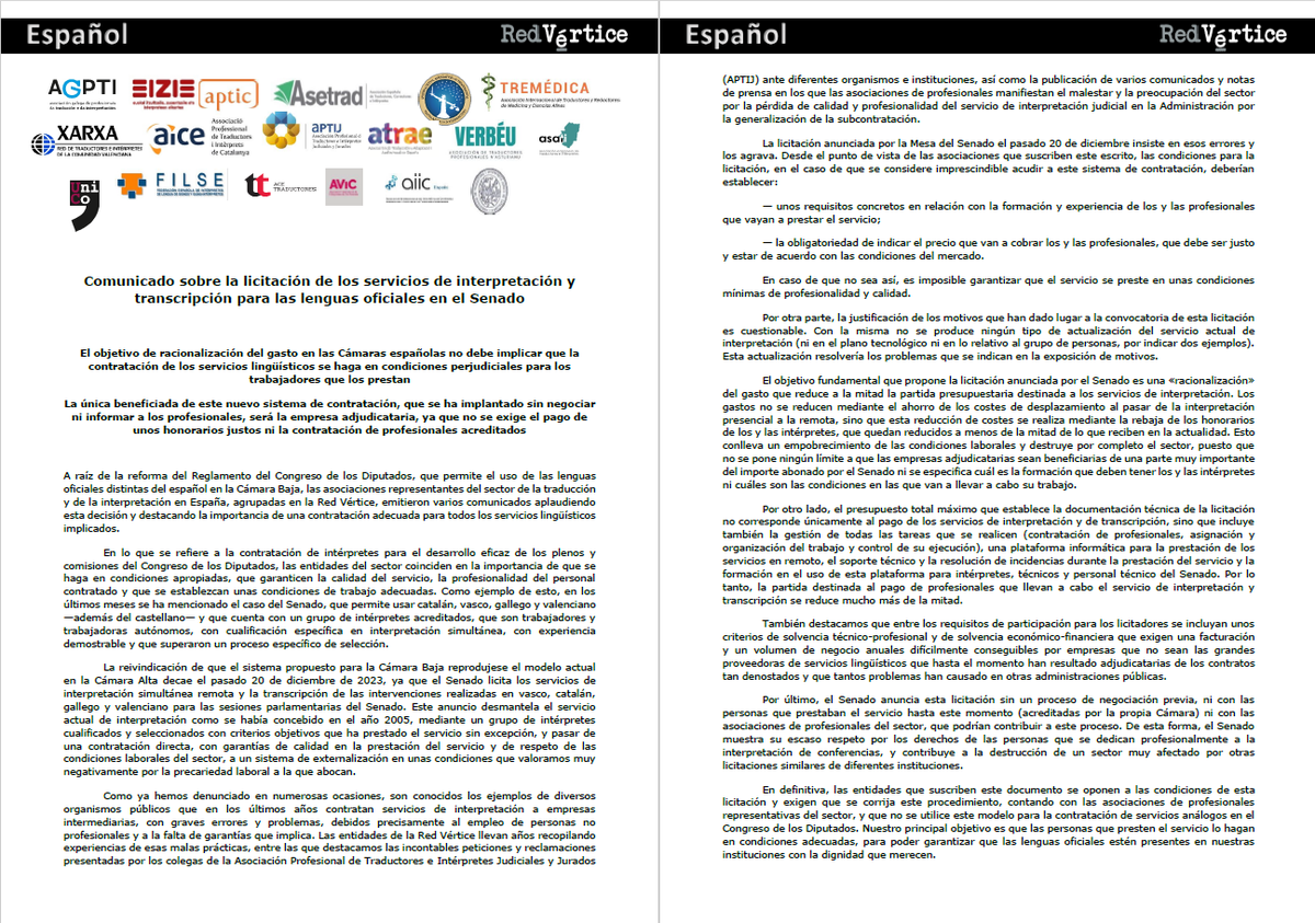 Red_Vertice's tweet photo. Comunicado multilingüe sobre la licitación de los servicios de #interpretación para las lenguas oficiales en el @Senadoesp: https://t.co/JxIbfTCpeV https://t.co/ErJPEJmTl4