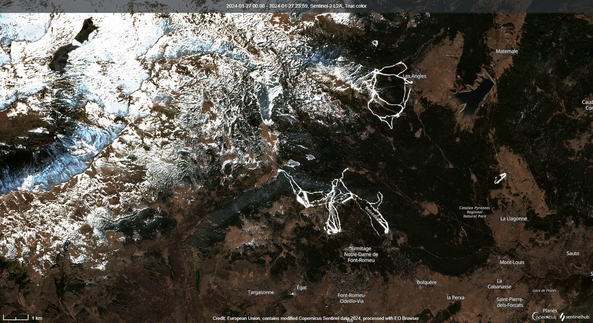 Avec cette sécheresse/douceur depuis le début de l'hiver, les stations de ski des Pyrénées-Orientales essayent de survivre avec l'utilisation des canons à neige : les pistes artificielles ressortent sur une montagne verte. Il n'y a plus d'eau en montagne et en plaine dans le 66.