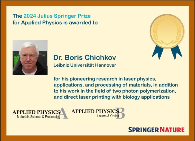 SpringerPhysics's tweet photo. Prof. Boris Chichkov will be awarded the Julius Springer Prize for Applied Physics 2024. Go here for more information.
https://t.co/JBHx22G9TA
@exc_phoenixd https://t.co/3WCP3bbHM5