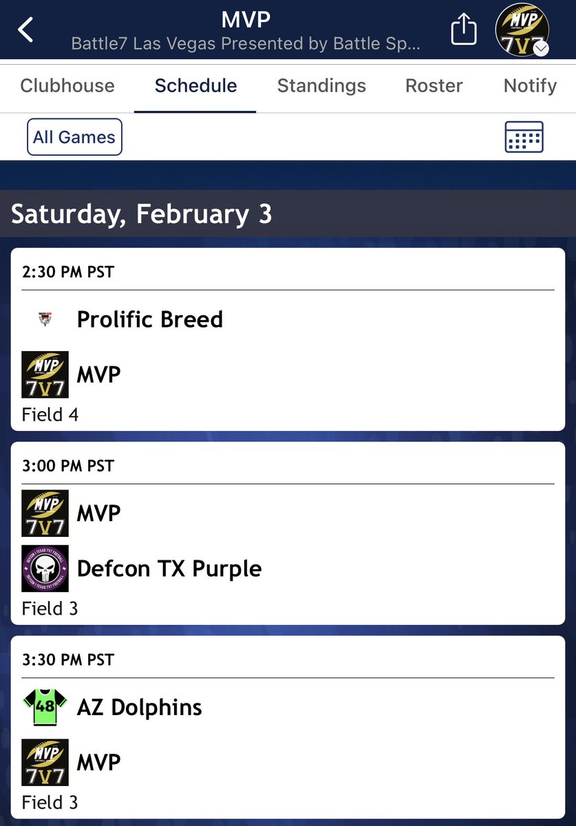 Schedule is up for <a href="/Battle/">Battle Sports</a> Vegas!! There are no easy games at Battle tournaments and we have some tough match ups on Day 1 tomorrow against our guys from San Antonio <a href="/DEFCONTX7v7/">DEFCON 1 TEXAS 7v7</a> and the @azdolphinsfb and Prolific Breed from Arizona! Can’t wait to see our guys compete!!🇨🇦🏈