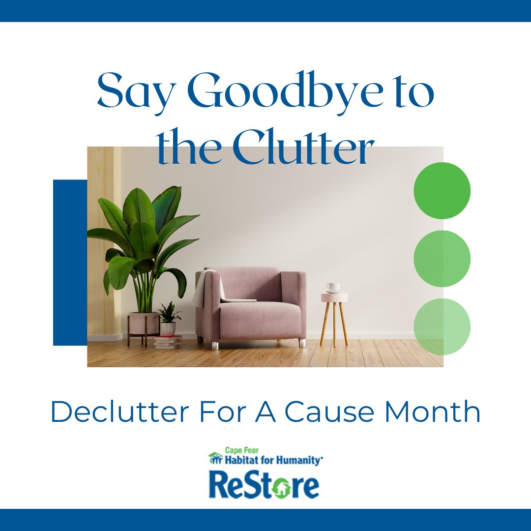 CapeFearReStore's tweet photo. Make a difference during #DeclutterForACause Month! Free your home from clutter and support a charitable cause. Schedule your pickup with the ReStore here: https://t.co/xeNQCzD3sk
#habitatforhumanityrestore #ogden #monkeyjunction #downtownilm #donate #charity #habitatforhumanity https://t.co/ZYlxbAjYn2