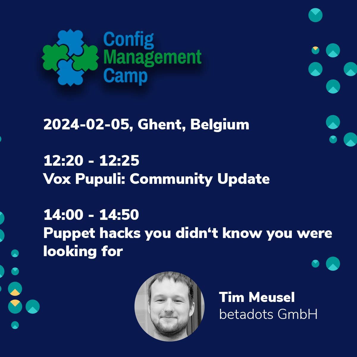 betadots (@betadots) on Twitter photo At the Config Management Camp 2024 in Ghent there will also be two talks by Tim Meusel <a href="/BastelsBlog/">bastelfreak</a>, Senior IT Automation Consultant at betadots GmbH. More detailed info here in the links:
buff.ly/3HNG9PK
buff.ly/3HNGa6g
#cfgmgmtcamp #configmanagement #puppet At the Config Management Camp 2024 in Ghent there will also be two talks by Tim Meusel <a href="/BastelsBlog/">bastelfreak</a>, Senior IT Automation Consultant at betadots GmbH. More detailed info here in the links:
buff.ly/3HNG9PK
buff.ly/3HNGa6g
#cfgmgmtcamp #configmanagement #puppet